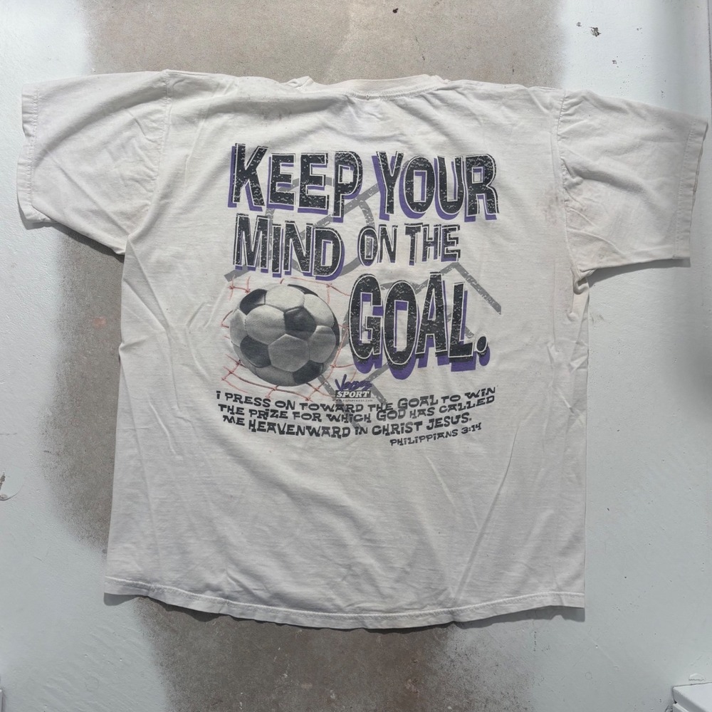 Vintage Fruit of the Loom Soccer Christian T-Shirt White XL Philippians 3:14